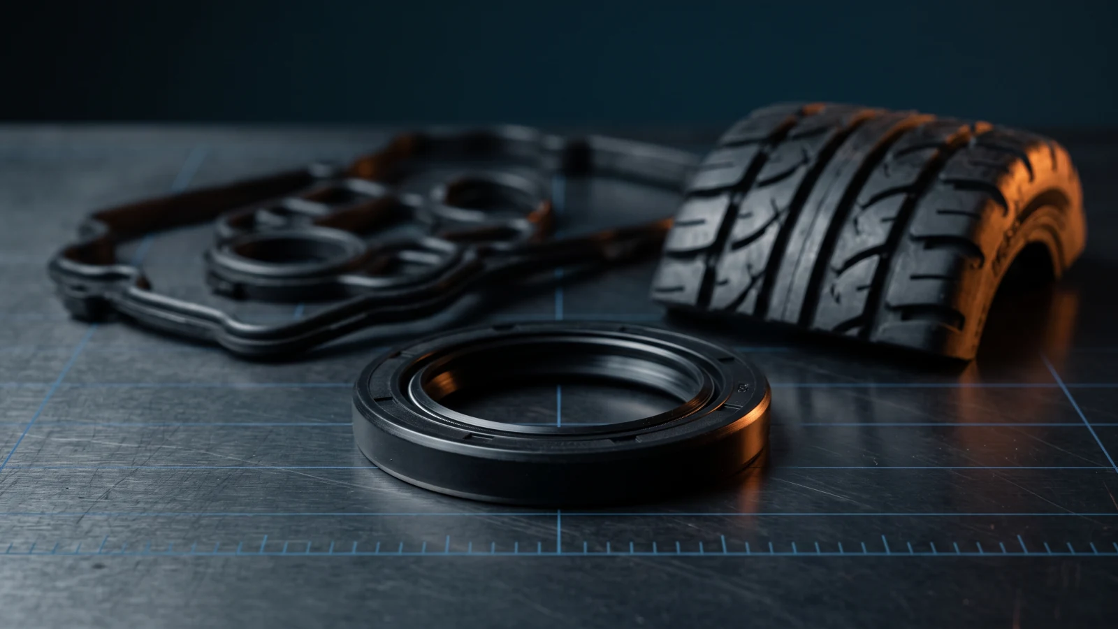 Precision rubber and polymer components on a dark engineering workbench with a molten orange rim light