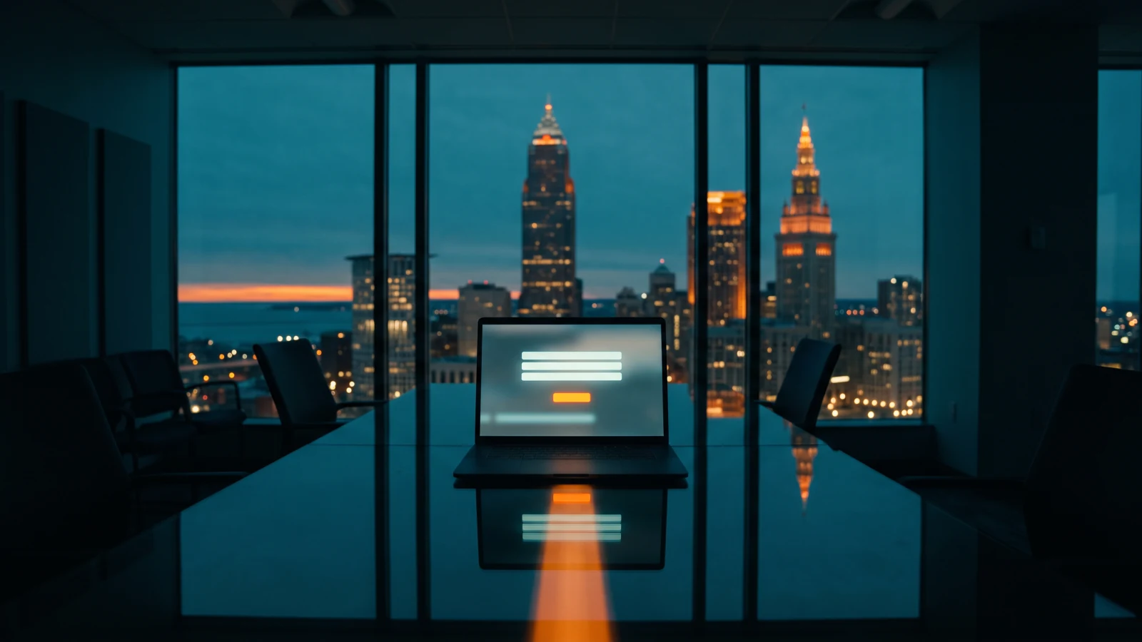 A laptop on a dark conference table at dusk, with Cleveland's Key Tower and Terminal Tower lit in the window behind it and Lake Erie on the horizon