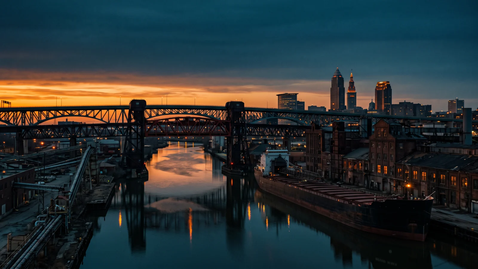 Steel bridges over the Cuyahoga River in Cleveland's Flats at blue hour, a lake freighter and warm orange light on the water
