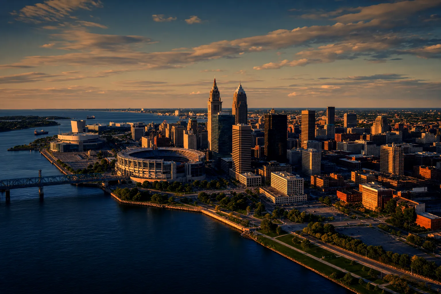 Cleveland, Ohio skyline and Lake Erie shoreline at golden hour