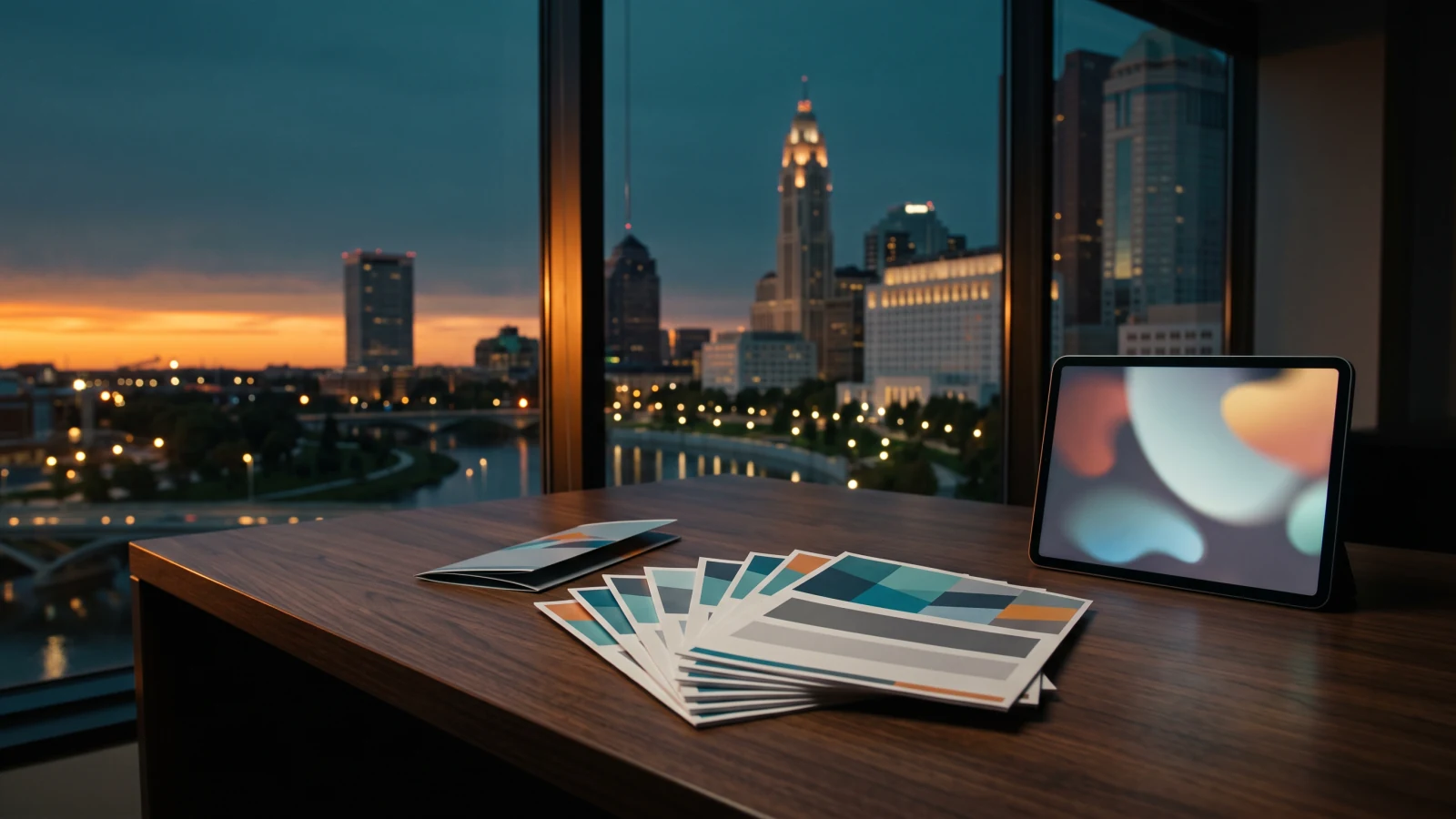 Printed sell sheets and a tablet on a dark desk beside a window with the LeVeque Tower and the Columbus skyline at dusk