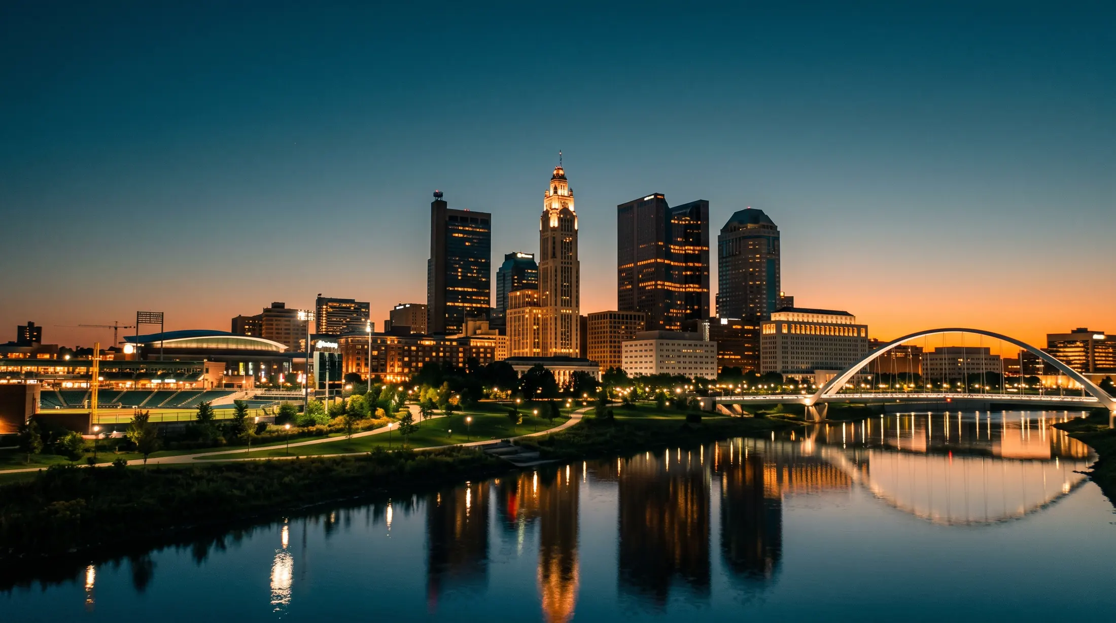 Columbus, Ohio downtown skyline and the Scioto River at dusk