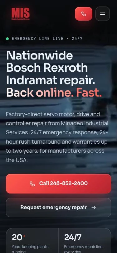 2027 concept on a phone: the demonstration page with a large headline, a full-width red Call button and a Request emergency repair button.