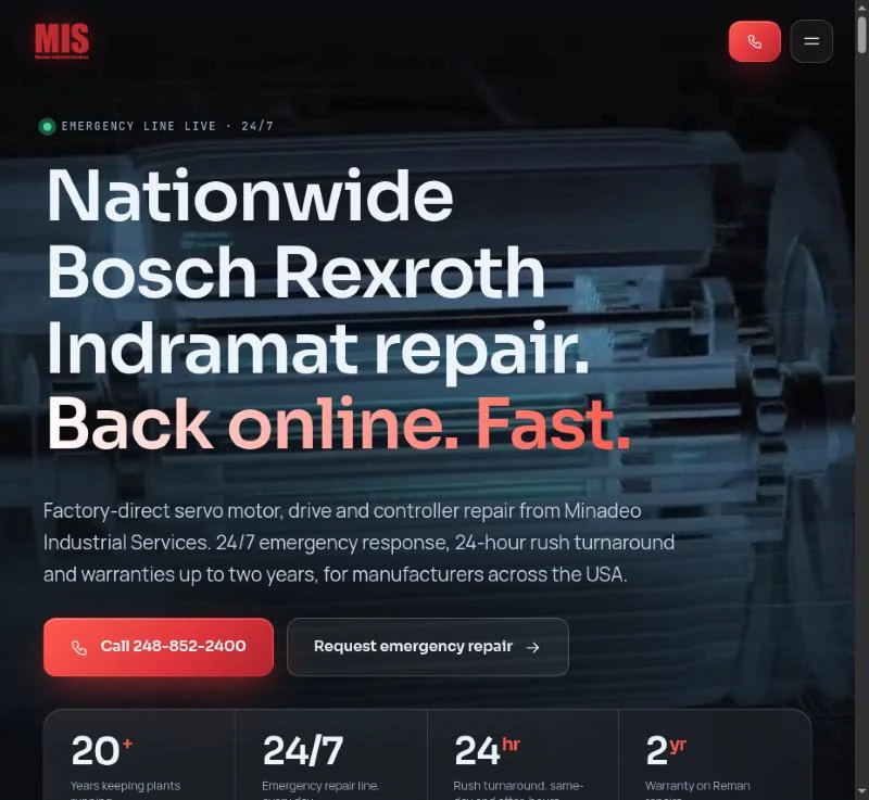 2027 concept: a demonstration industrial repair website with a dark, modern hero reading Nationwide Bosch Rexroth Indramat repair, Back online. Fast., a red Call button and four proof stats.
