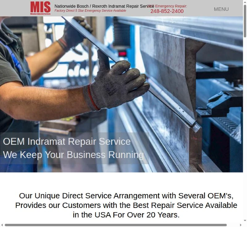 2012 original: the industrial repair website with a cramped gray header, a small phone number and a photo of a gloved hand on a press brake.