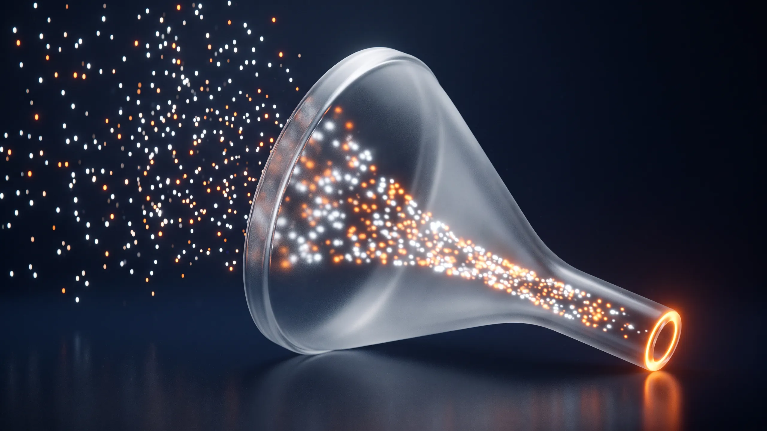 Scattered points of light drawn into a glass funnel that ends in one glowing orange ring, a single qualified lead