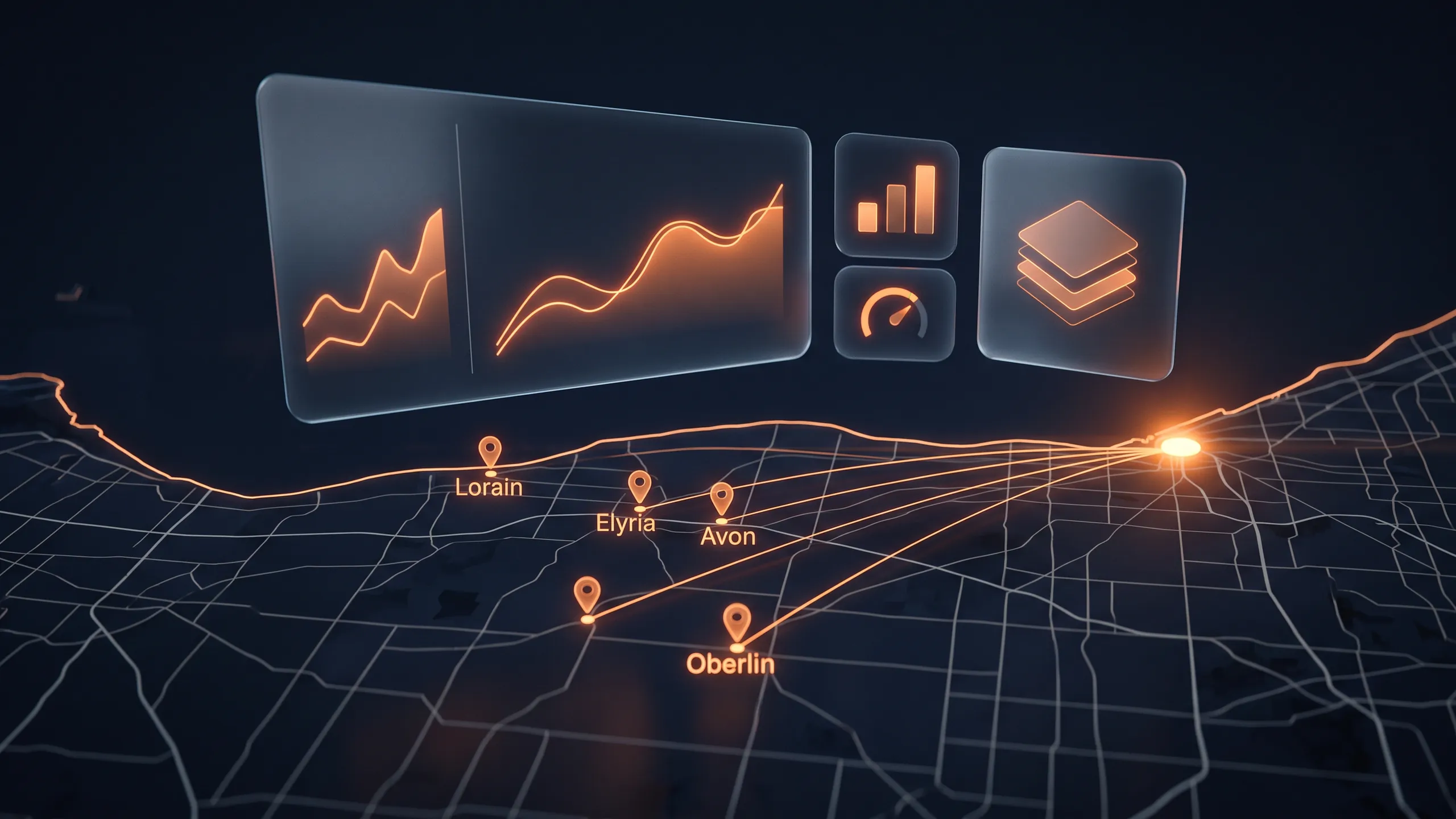 Glass marketing dashboard above a glowing map of Lorain, Elyria, Avon and Oberlin, with orange routes flowing toward Cleveland