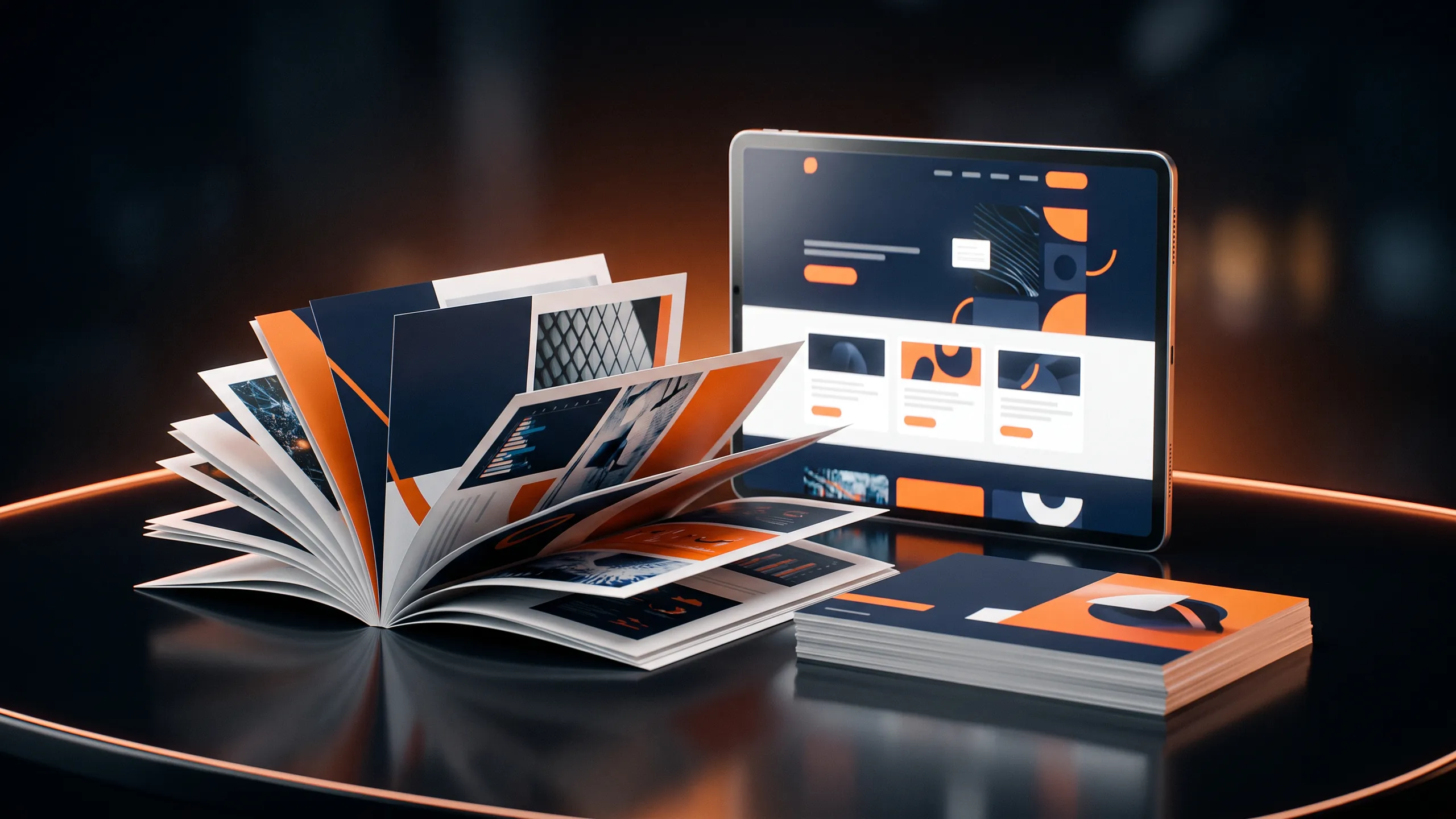 A printed sell sheet, a capability brochure and a tablet showing a modern navy and orange B2B website