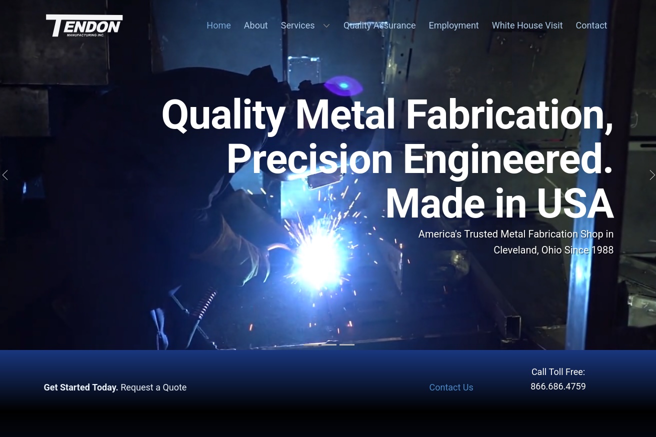 Tendon Manufacturing precision metal fabrication website preview